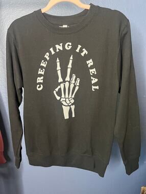 Fifth Sun Zuni Black Creeping It Real Skeleton Hand Peace Graphic Sweatshirt Sm
